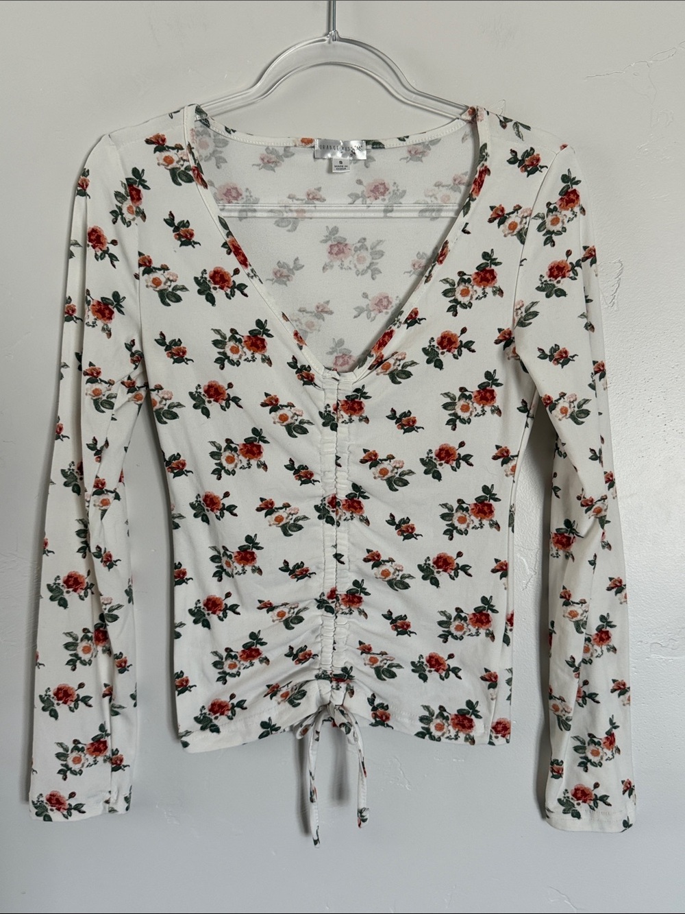 Floral Ruched Long Sleeve Top Feminine Ballet-core Top